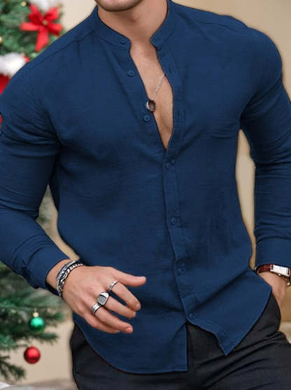 Solid Color Long Sleeve Shirt For Men In Casual Cotton Linen