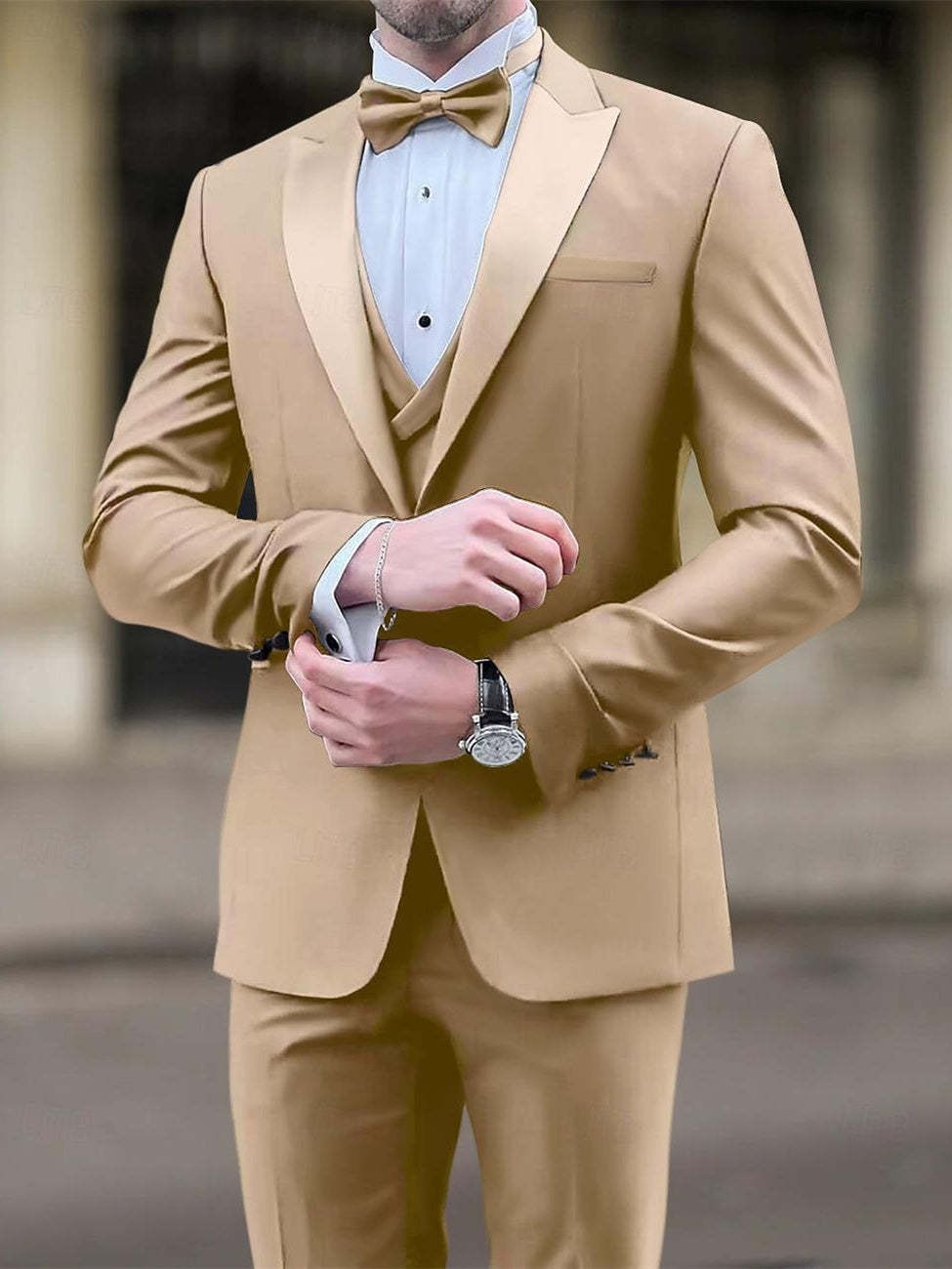 Men's Tailored Fit Black Khaki Single-Breasted One-Button Plaid Wedding Suit In 3 Pieces