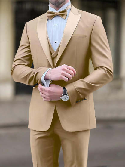 Men's Tailored Fit Black Khaki Single-Breasted One-Button Plaid Wedding Suit In 3 Pieces