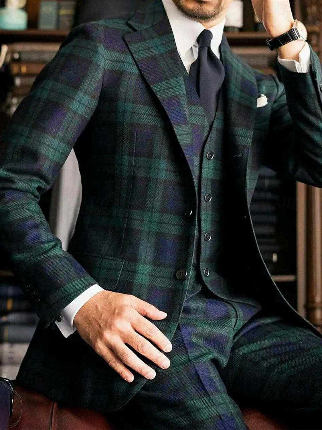 Men's Dark Green Plaid Wedding Suit - Tailored Fit Single Breasted 3 Piece With Two Buttons