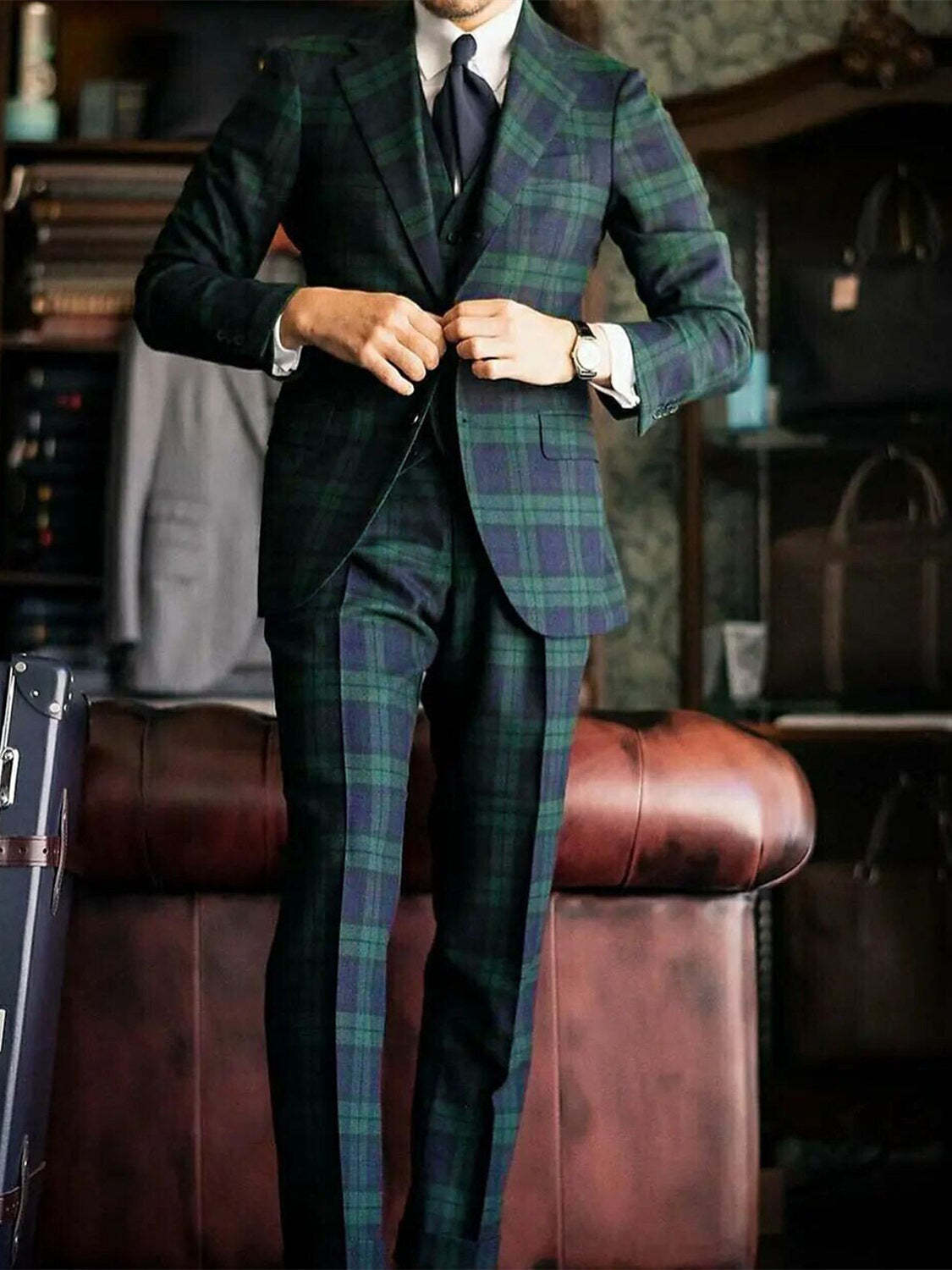 Men's Dark Green Plaid Wedding Suit - Tailored Fit Single Breasted 3 Piece With Two Buttons