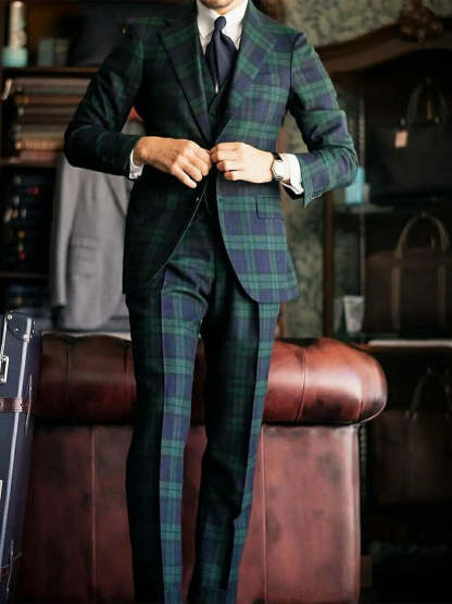 Men's Dark Green Plaid Wedding Suit - Tailored Fit Single Breasted 3 Piece With Two Buttons
