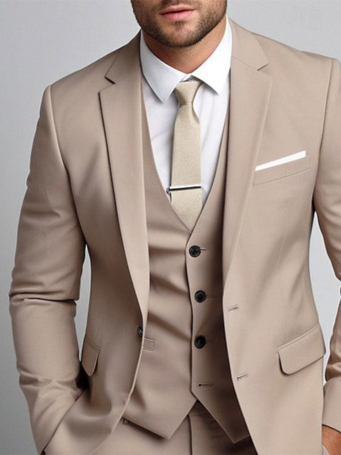 Men's Khaki Three-Piece Single-Breasted Two-Button Wedding Suit