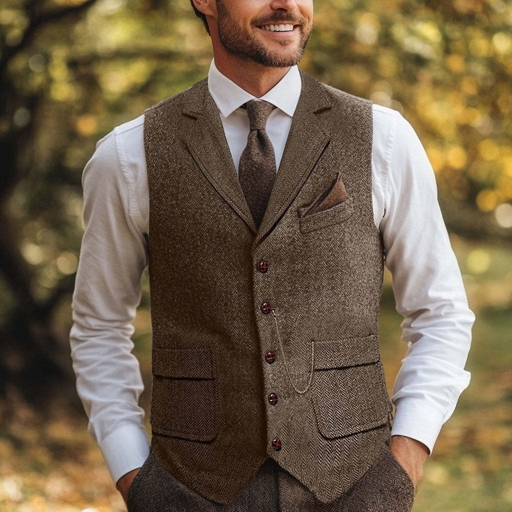 Standard Fit Men's Single Breasted Five-Button Tweed Vest In Herringbone