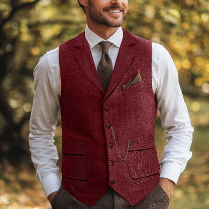 Standard Fit Men's Single Breasted Five-Button Tweed Vest In Herringbone