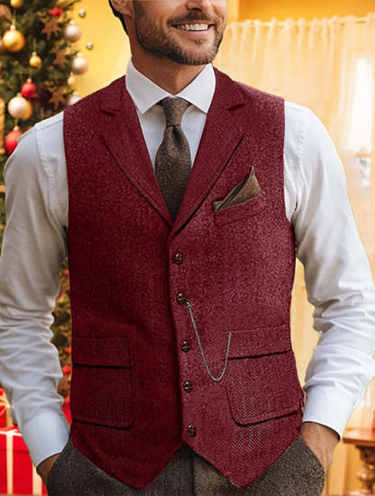 Standard Fit Men's Single Breasted Five-Button Tweed Vest In Herringbone