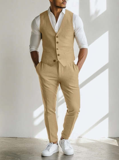 Men's Solid Brown Casual Waistcoat 2-Piece Set Lightweight Linen Standard Fit Wedding Groomsmen Suits-BMbridal.UK