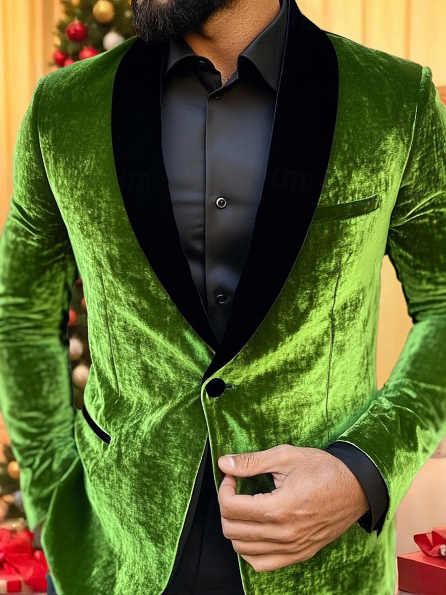 Standard Fit Single-Breasted Velvet Blazer In Green With One Button