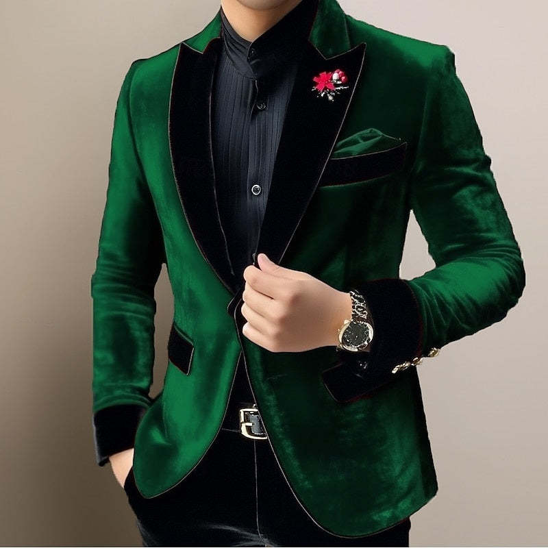 Classic Single-Button Velvet Blazer For Men In Solid Colors