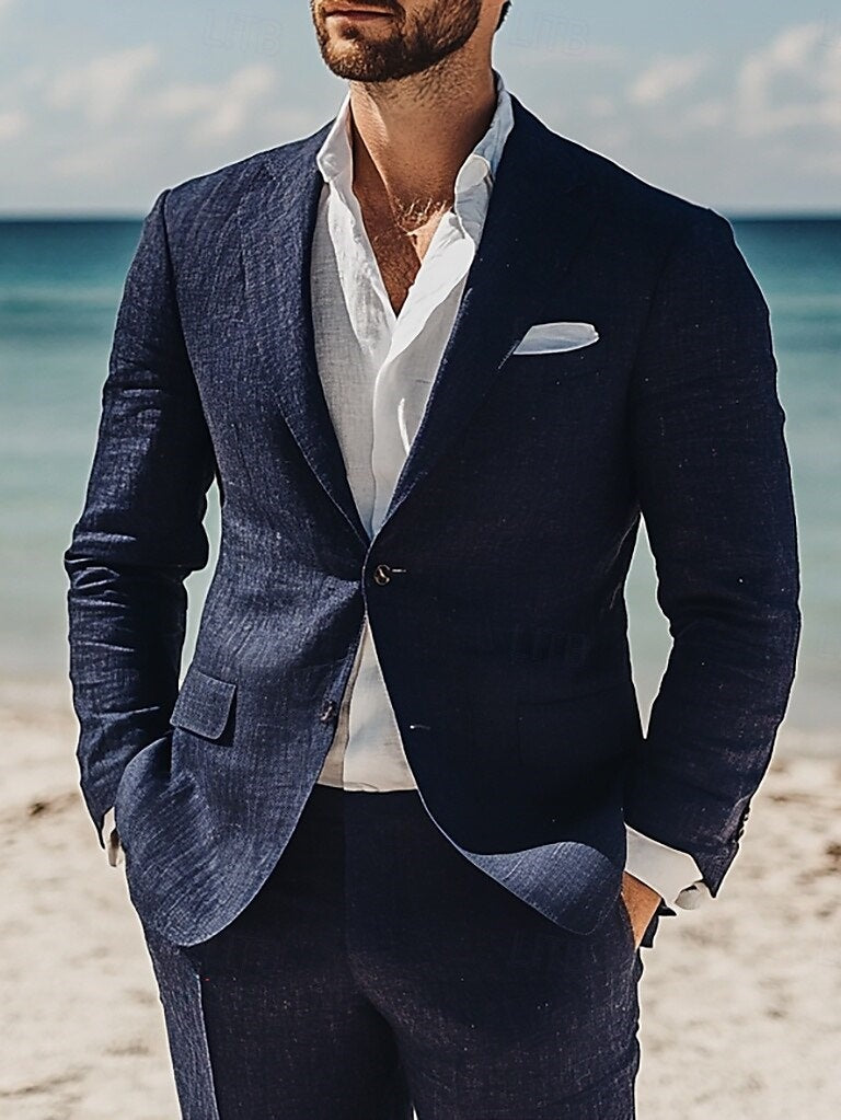 Men's Lightweight Navy Blue Linen Wedding Suit - Casual Two-Button Beach Style