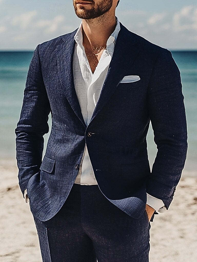 Men's Lightweight Navy Blue Linen Wedding Suit - Casual Two-Button Beach Style