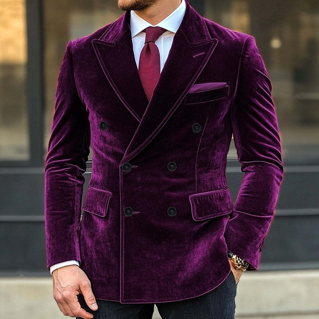 Men's Vintage Velvet Double Breasted Blazer In Red Purple With Six Buttons