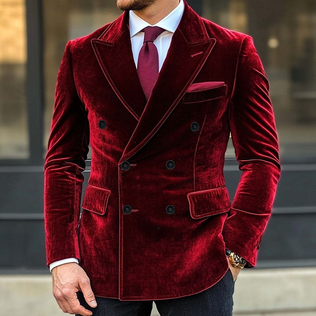 Men's Vintage Velvet Double Breasted Blazer In Red Purple With Six Buttons
