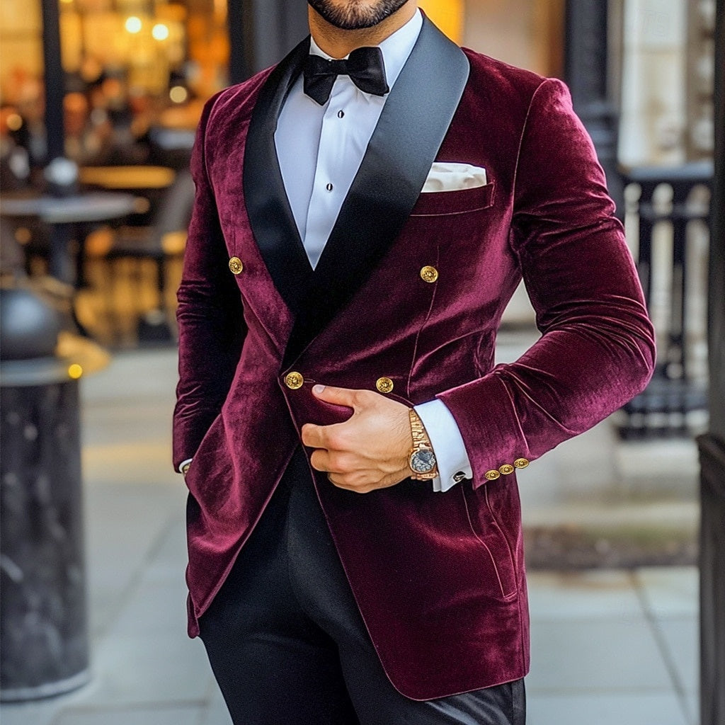 Vintage Velvet Patchwork Blazer Jacket For Men Double-Breasted With Four Buttons Standard Fit