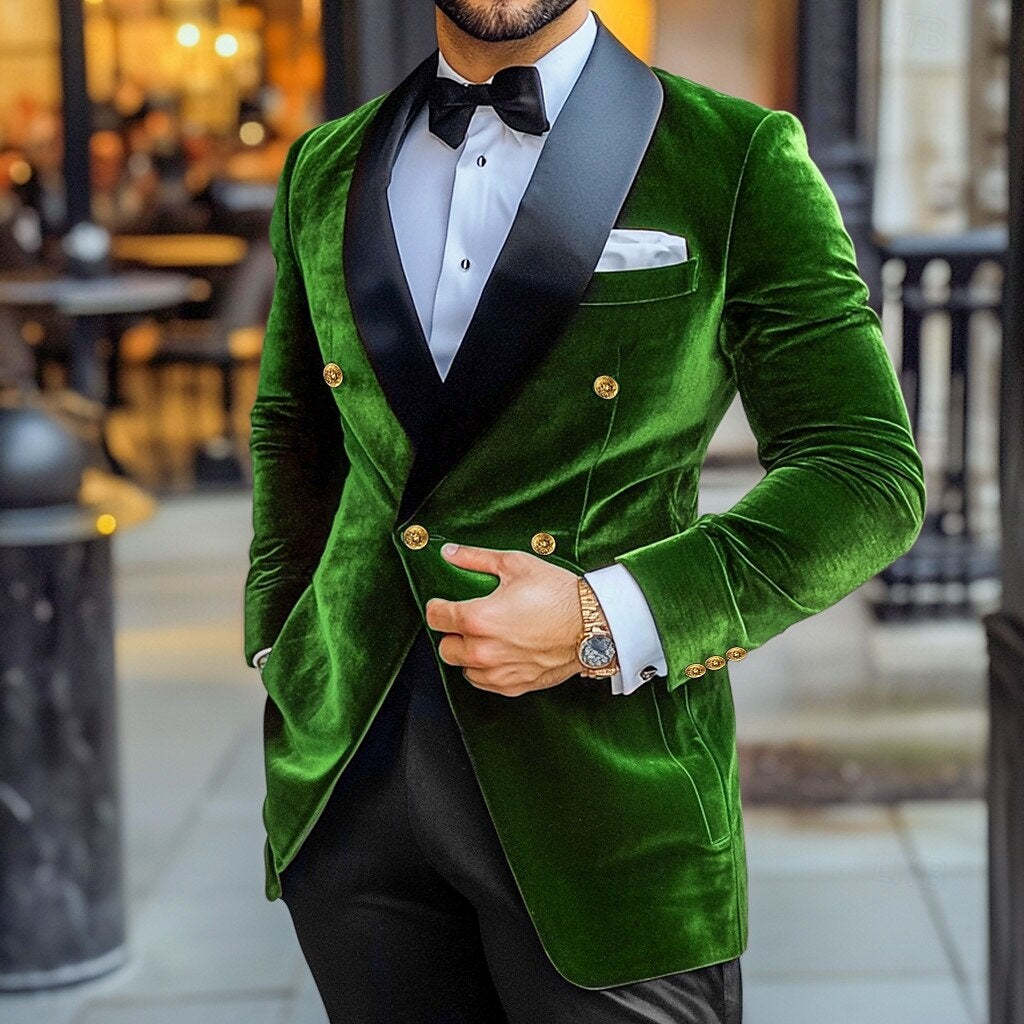 Vintage Velvet Patchwork Blazer Jacket For Men Double-Breasted With Four Buttons Standard Fit