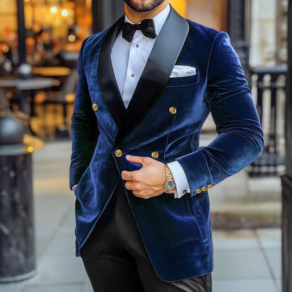 Vintage Velvet Patchwork Blazer Jacket For Men Double-Breasted With Four Buttons Standard Fit