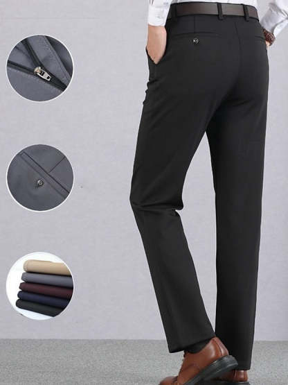 Men's Thick Long Solid Color High Elasticity Warm Pants In Black Gray