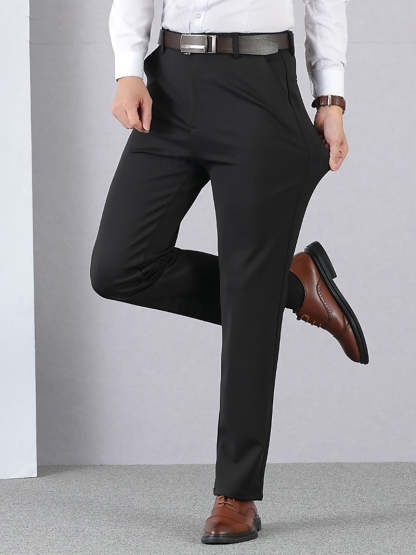 Men's Thick Long Solid Color High Elasticity Warm Pants In Black Gray