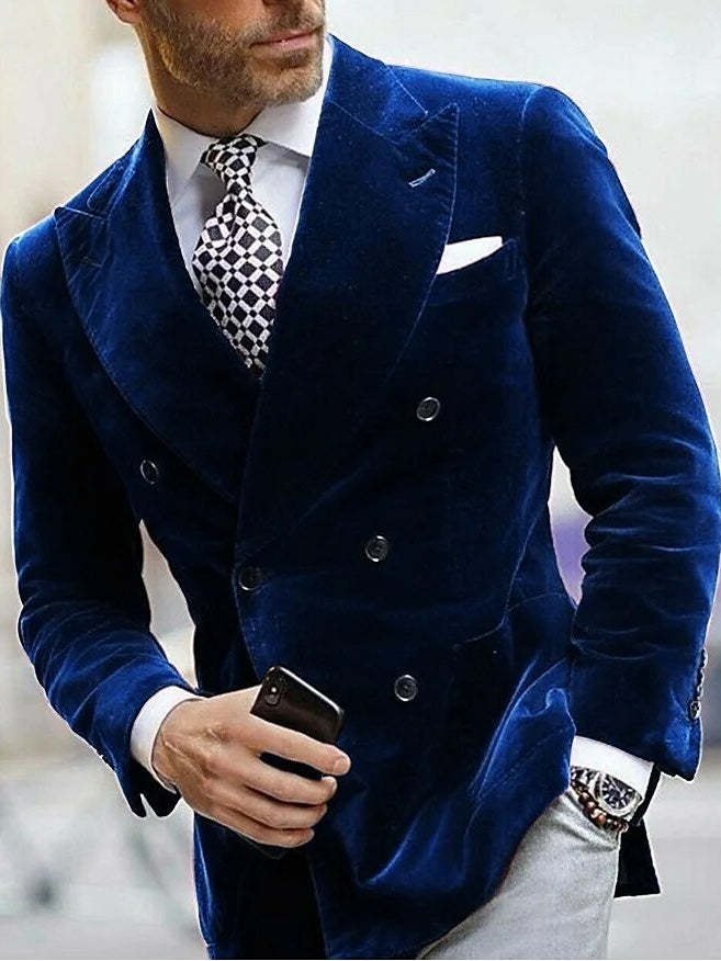 Slim Fit Double Breasted Velvet Blazer For Men - Peaked Lapel Six-Button Style