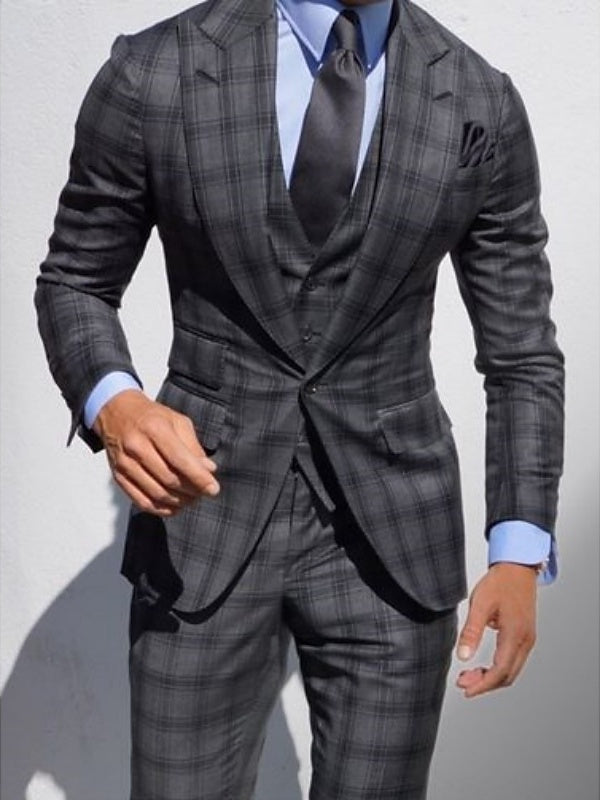 Tailored Fit Dark Gray Plaid Checkered 3-Piece Suit For Men's Weddings