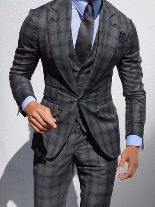 Tailored Fit Dark Gray Plaid Checkered 3-Piece Suit For Men's Weddings