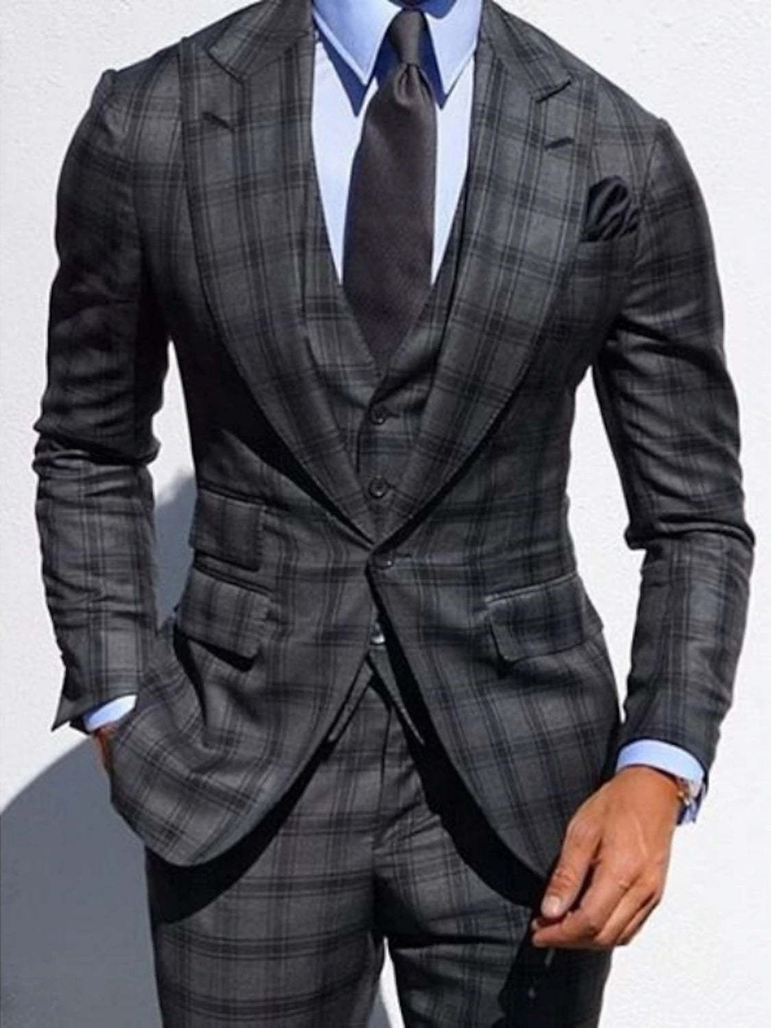 Tailored Fit Dark Gray Plaid Checkered 3-Piece Suit For Men's Weddings