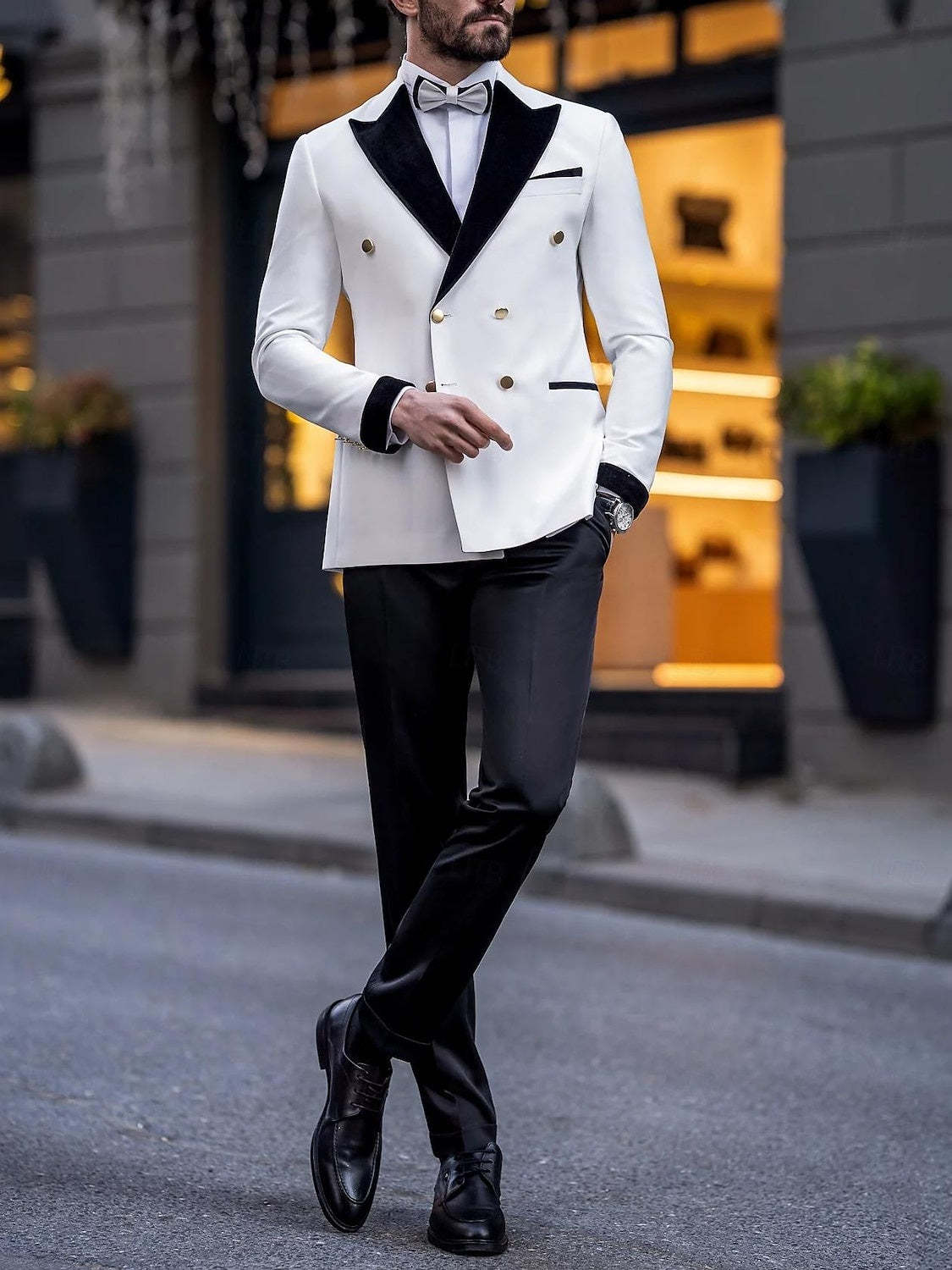 Luxury Tailored Fit White Men's Double Breasted Six-Button Color Block Tuxedo Suit For Wedding And Prom-BMbridal.UK