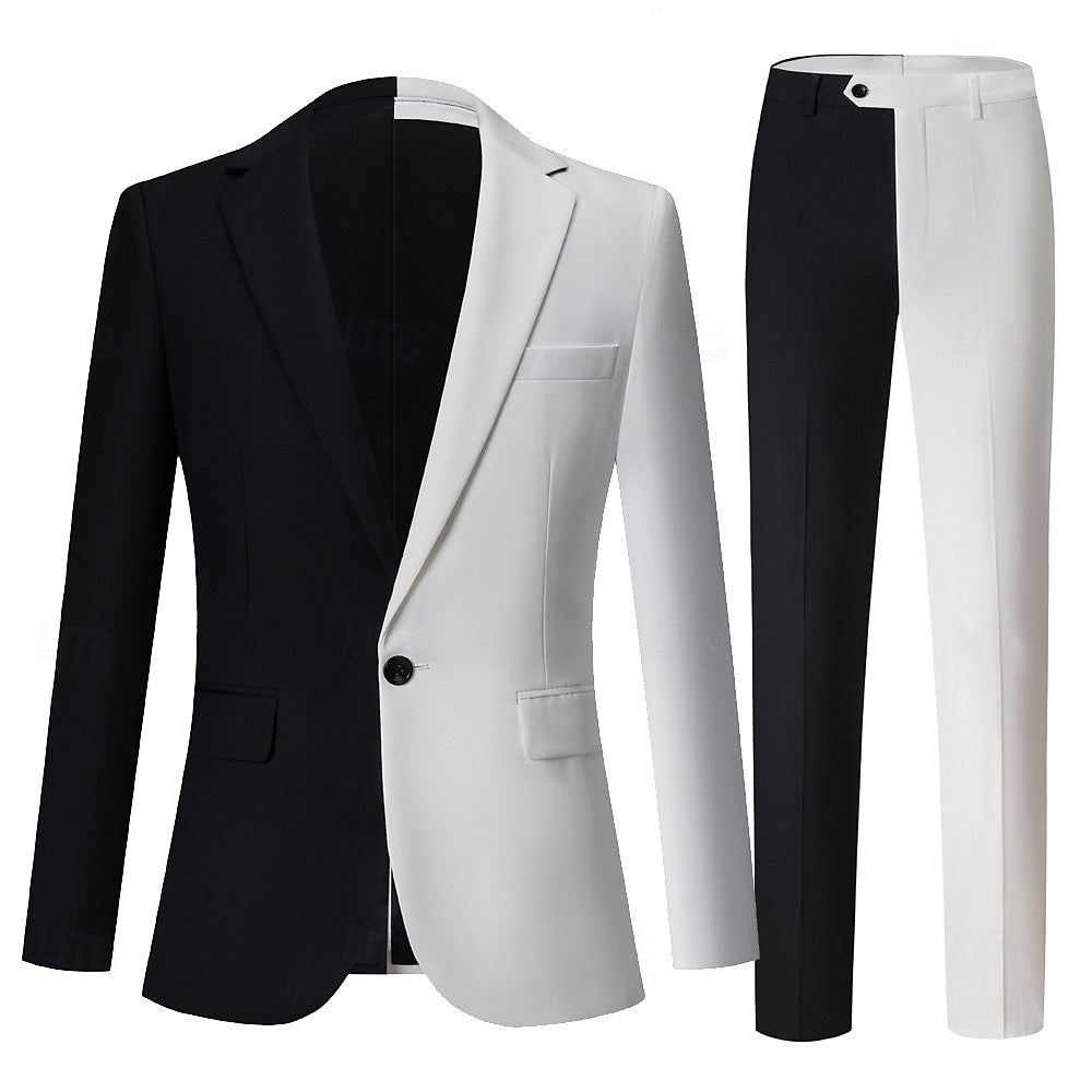 Black And White Patchwork Punk Men's Two-Piece Party Suit In Standard Fit
