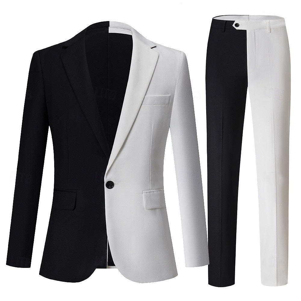 Black And White Patchwork Punk Men's Two-Piece Party Suit In Standard Fit