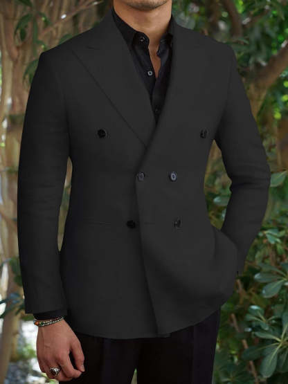 Slim Fit Double Breasted Six-Button Business Suit For Men In Black Green