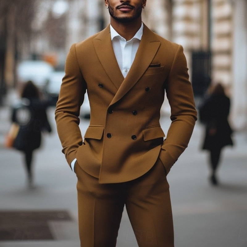 Tailored Fit Double Breasted Six-Button Men's 2-Piece Suit For Weddings And Formal Events