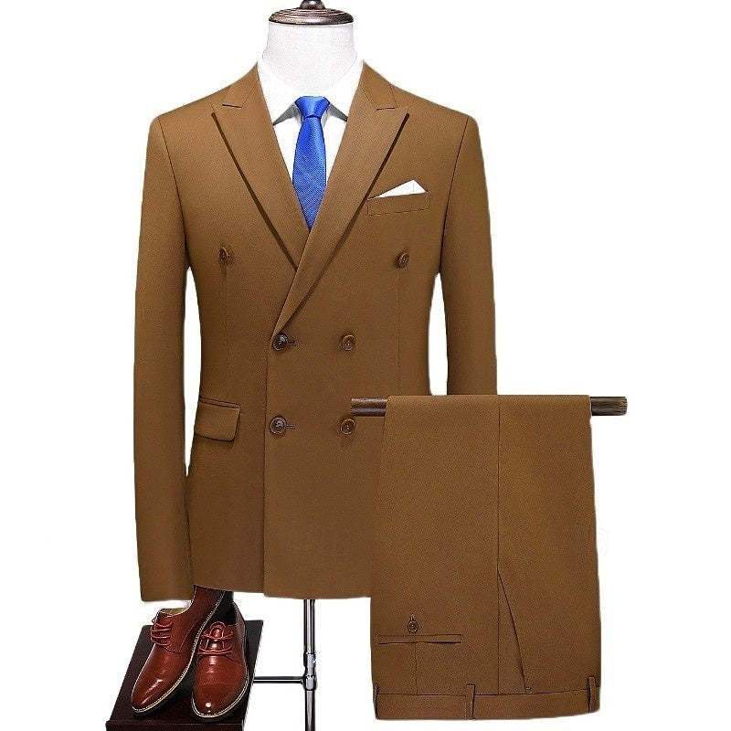 Tailored Fit Double Breasted Six-Button Men's 2-Piece Suit For Weddings And Formal Events