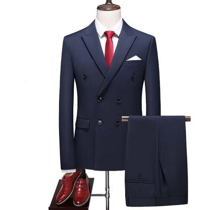 Tailored Fit Double Breasted Six-Button Men's 2-Piece Suit For Weddings And Formal Events