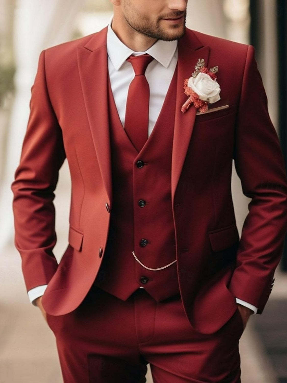 Men's 3-Piece Single-Breasted Two-Button Tailored Fit Wedding Party Suits