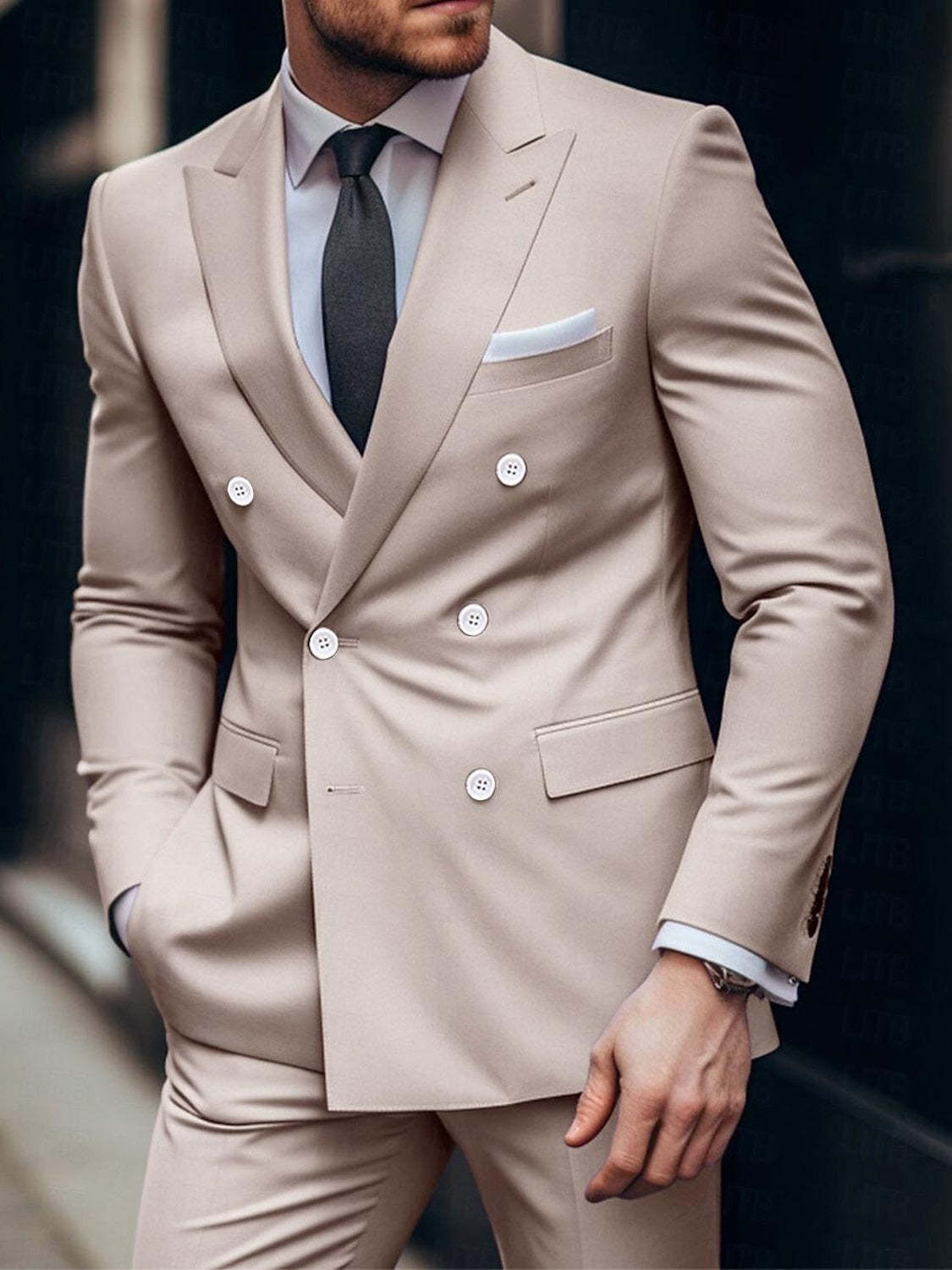 Daily Tailored Fit Double Breasted Six-Button Wedding Suit For Plus Size Men