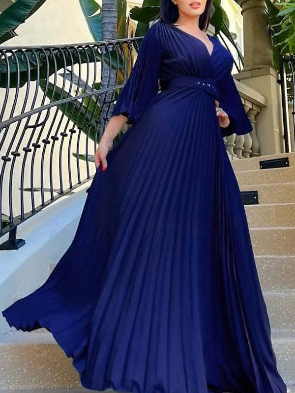 V-Neck A-Line Princess Floor-Length Cocktail Dress with 3/4 Sleeves and Pleats