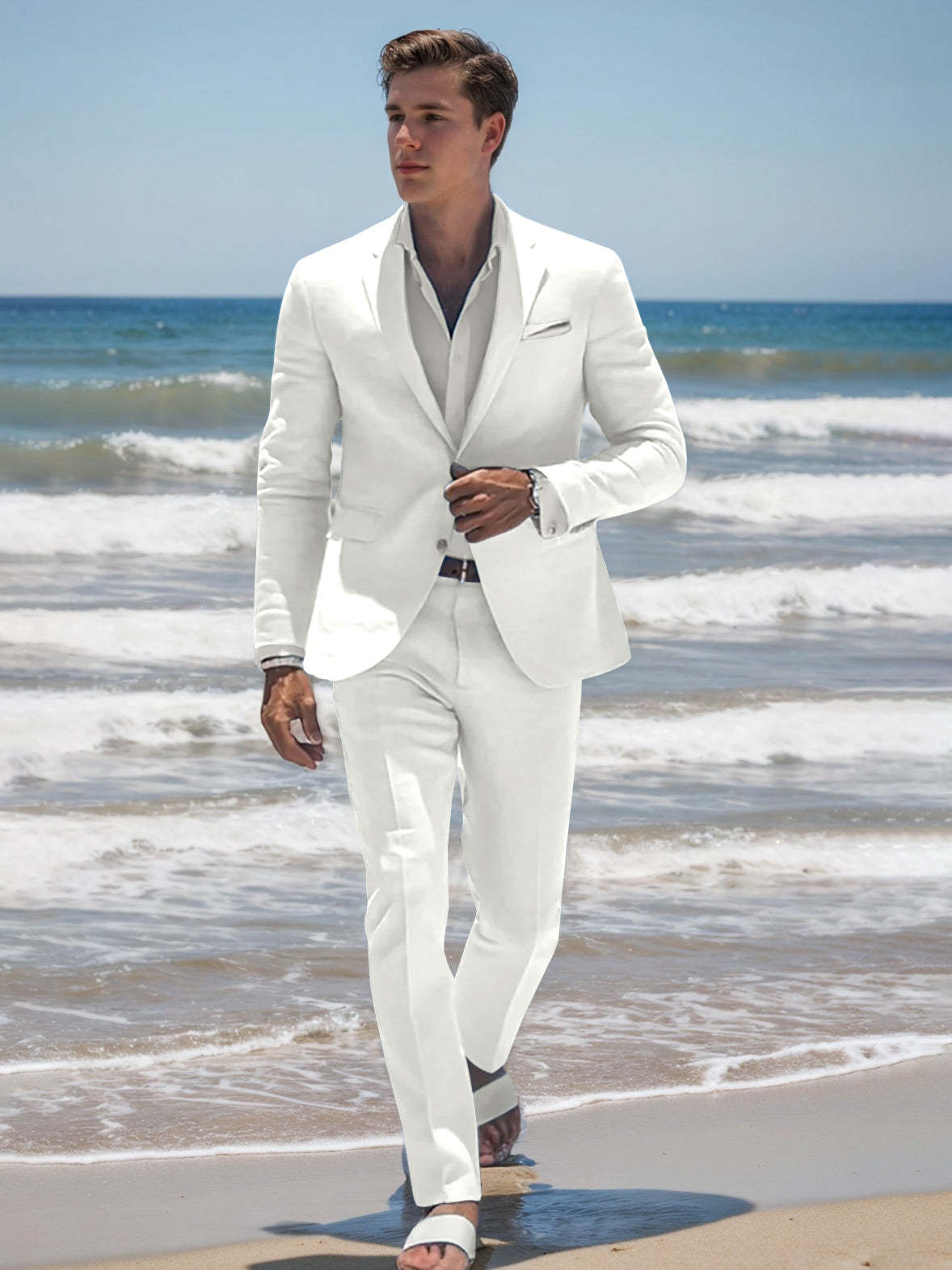 Men's Sky Blue Tailored Fit Two-Button Casual Beach Wedding Suit