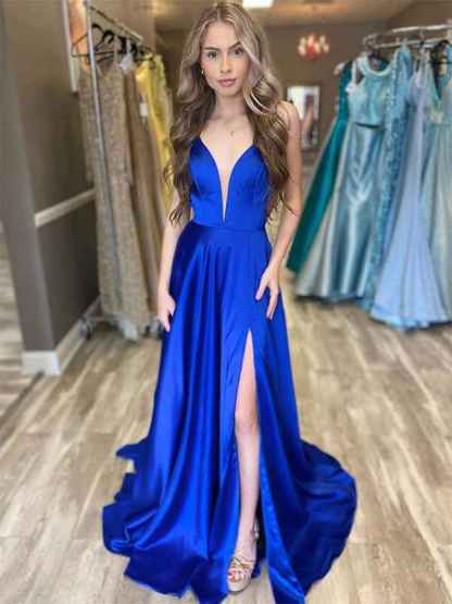 Blue A Line Spaghetti Straps Satin Long Prom Dress with Slit