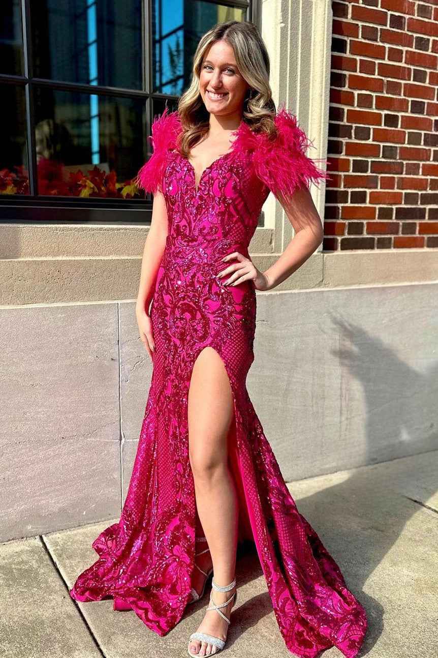 Glitter Royal Blue Mermaid Off the Shoulder Sequins Long Prom Dress with Feather