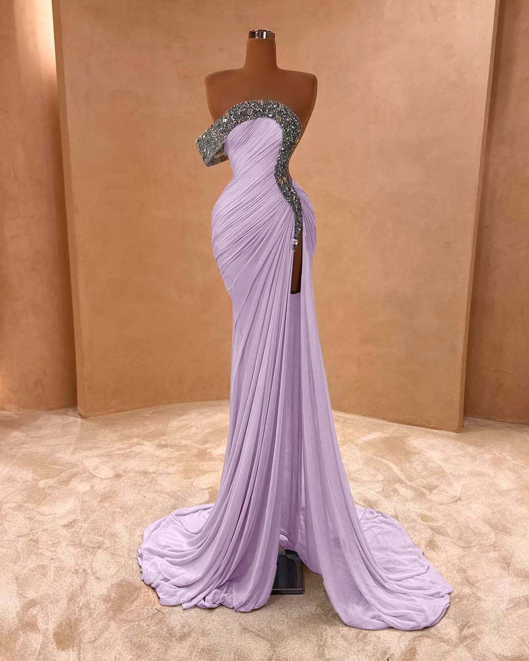 One Shoulder Sleeveless Long Split Prom Dress With Pleated Sequins