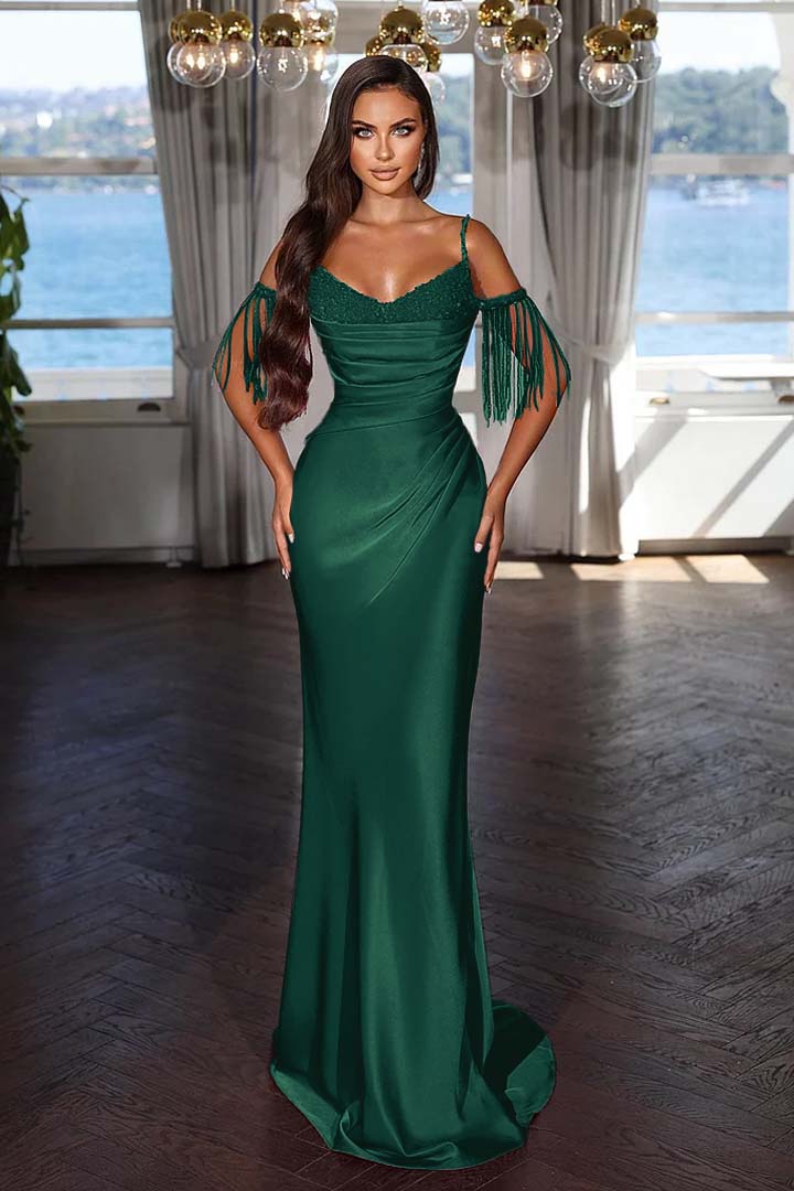 Off the Shoulder Sleeveless Mermaid Long Prom Dress With Tassel