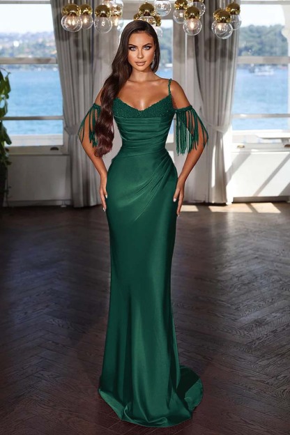 Off the Shoulder Sleeveless Mermaid Long Prom Dress With Tassel