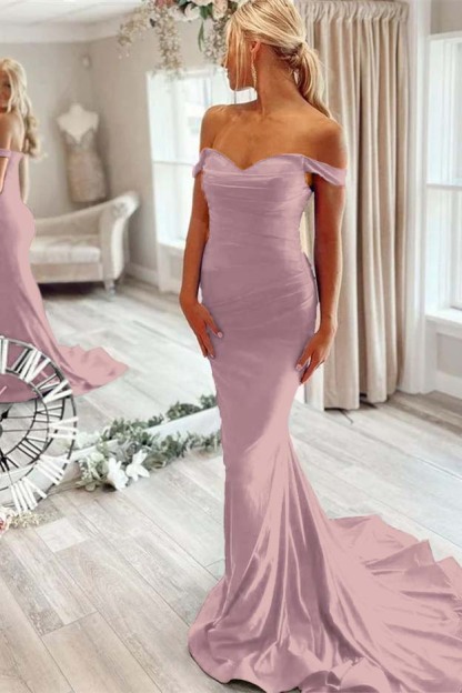 Off the Shoulder Sleeveless Mermaid Long Prom Dress With Pleated