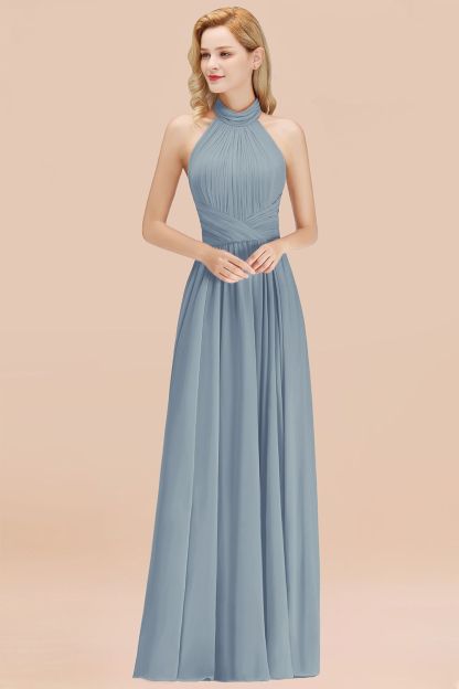 BMbridal Gorgeous High-Neck Halter Backless Bridesmaid Dress Dusty Rose Chiffon Maid of Honor Dress-BMbridal