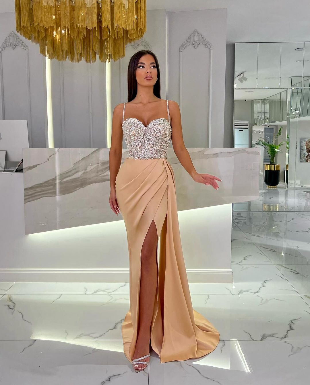 Prom Dress Baby Blue With High Slit Spaghetti Strap Sweetheart Appliques