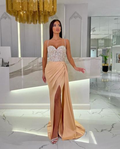 Prom Dress Baby Blue With High Slit Spaghetti Strap Sweetheart Appliques