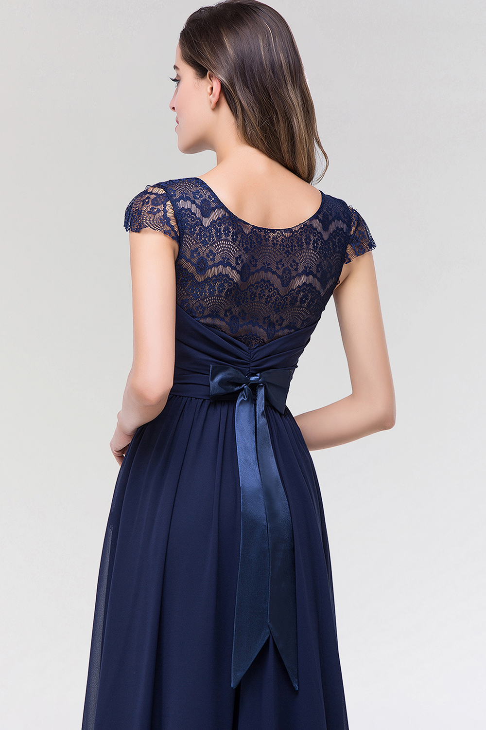 BMbridal Elegant Lace Scoop Sleeveless Navy Bridesmaid Dress with Buttons-BMbridal