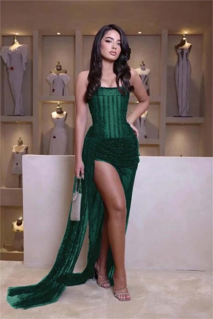 Stunning Black Strapless Sleeveless Mermaid Long Split Prom Dress With Beading