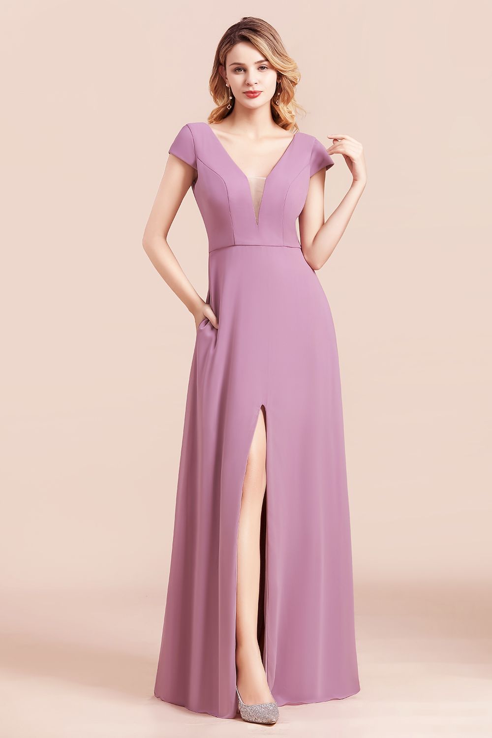 BMbridal Chic V-Neck Chiffon Wisteria Bridesmaid Dresses with Short Sleeves-BMbridal