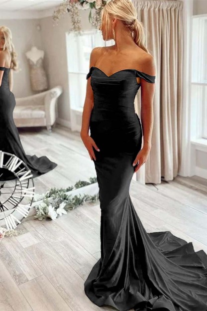 Off the Shoulder Sleeveless Mermaid Long Prom Dress With Pleated